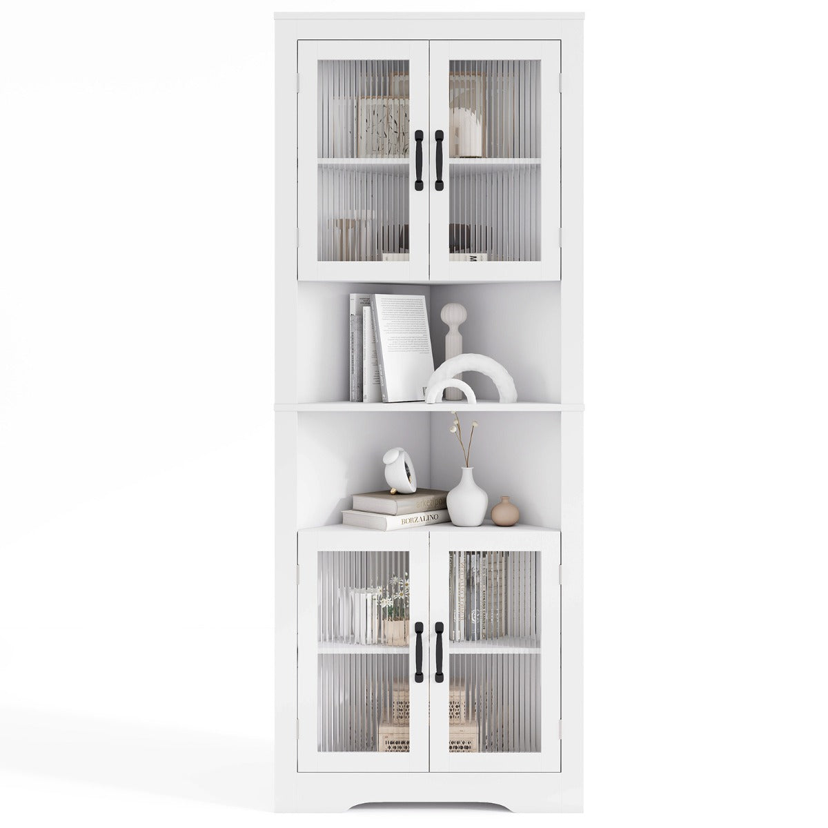 171cm Tall Corner Storage Cabinet with 4 Glass Doors and Adjustable Shelves