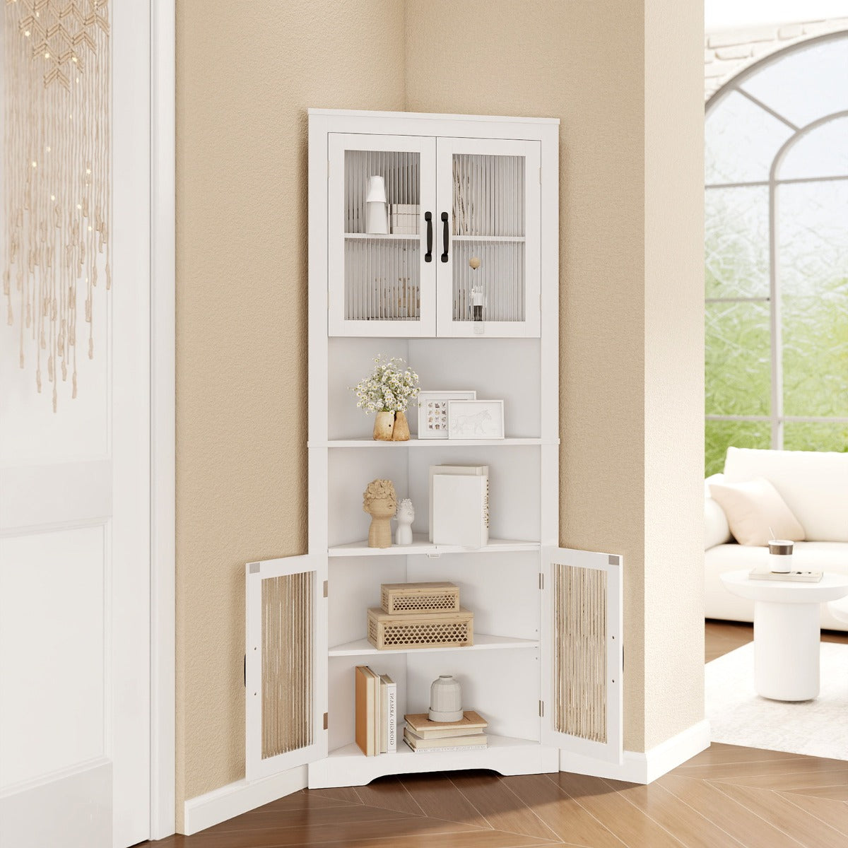 171cm Tall Corner Storage Cabinet with 4 Glass Doors and Adjustable Shelves
