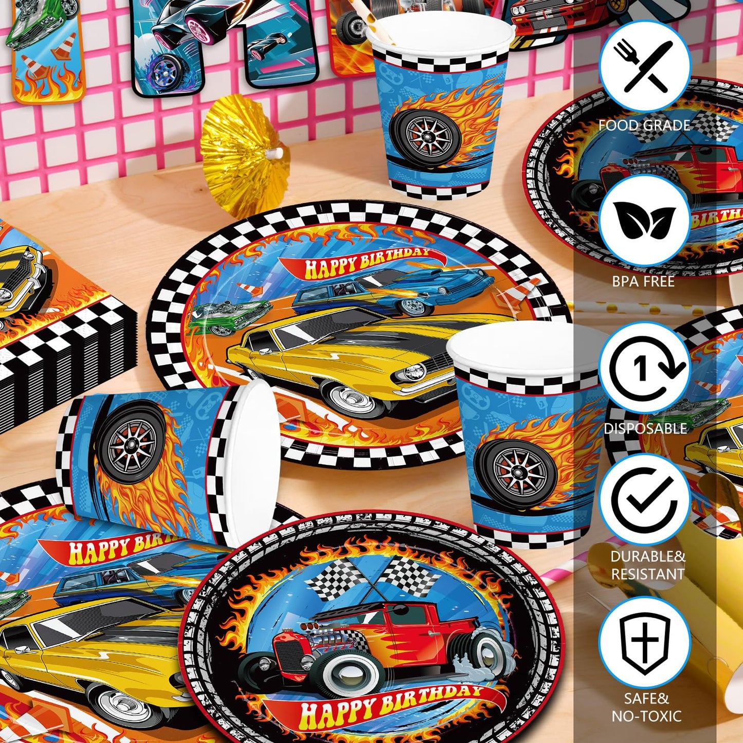 JVORFDG 194pcs Race Car Birthday Party Decorations Set – Plates, Cups, Banner, Tablecloth (24 Guests)