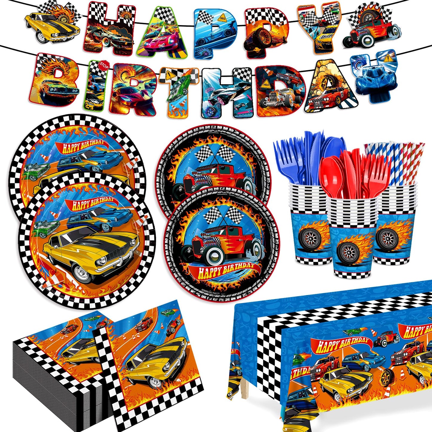 JVORFDG 194pcs Race Car Birthday Party Decorations Set – Plates, Cups, Banner, Tablecloth (24 Guests)