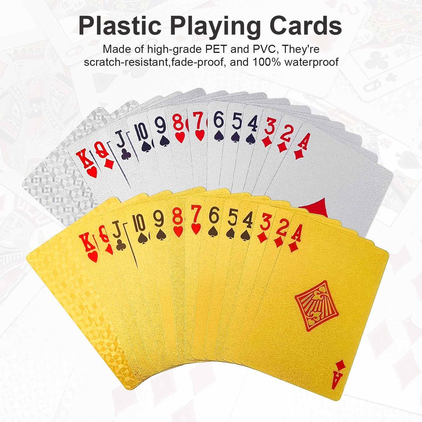JWENUPDE Waterproof Playing Cards 2 Pack – Gold + Silver, Premium PET+PVC, Diamond Texture