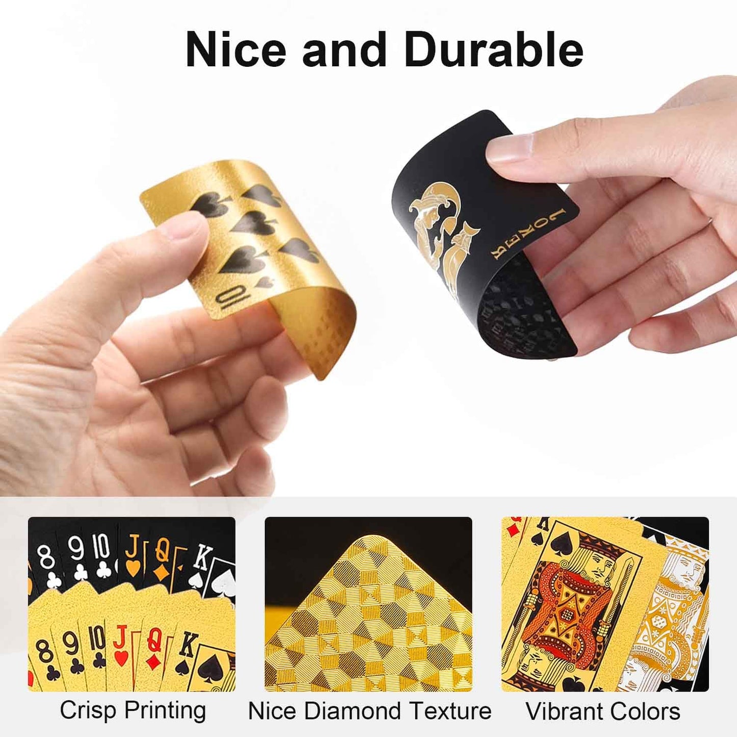 JWENUPDE 2 Pack Waterproof Playing Cards – Gold & Black Diamond Texture Luxury Decks for Pool, Beach, and Parties
