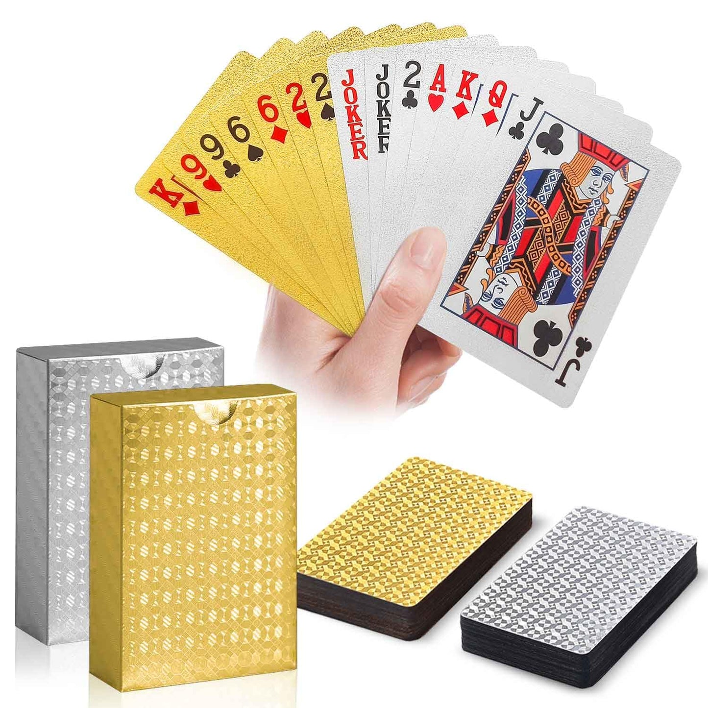 JWENUPDE Waterproof Playing Cards 2 Pack – Gold + Silver, Premium PET+PVC, Diamond Texture
