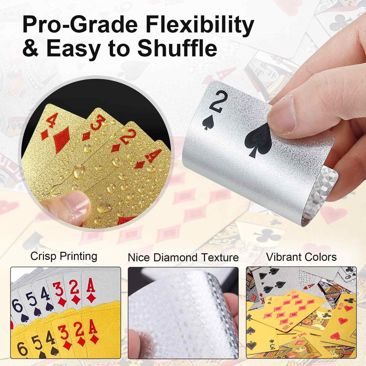 JWENUPDE Waterproof Playing Cards 2 Pack – Gold + Silver, Premium PET+PVC, Diamond Texture