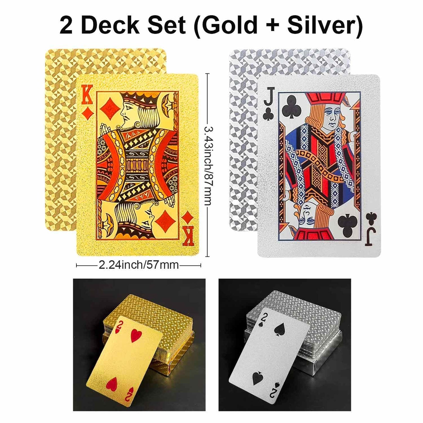 JWENUPDE Waterproof Playing Cards 2 Pack – Gold + Silver, Premium PET+PVC, Diamond Texture