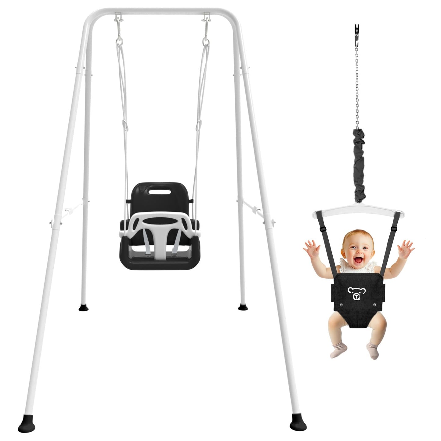 JWPEHOE 2-in-1 Toddler Swing & Jumper – Foldable Indoor/Outdoor Swing Set (Black)
