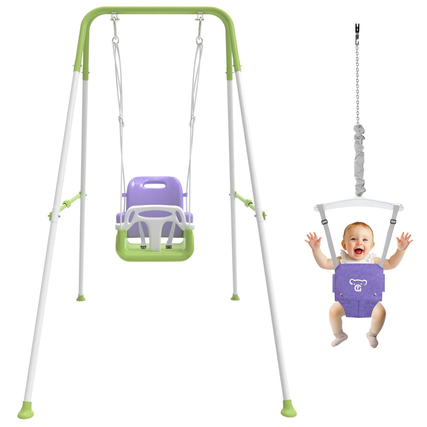 JWPEHO 2-in-1 Toddler Swing & Jumper – Foldable Indoor/Outdoor Bouncer with Cushioned Seat (Purple)
