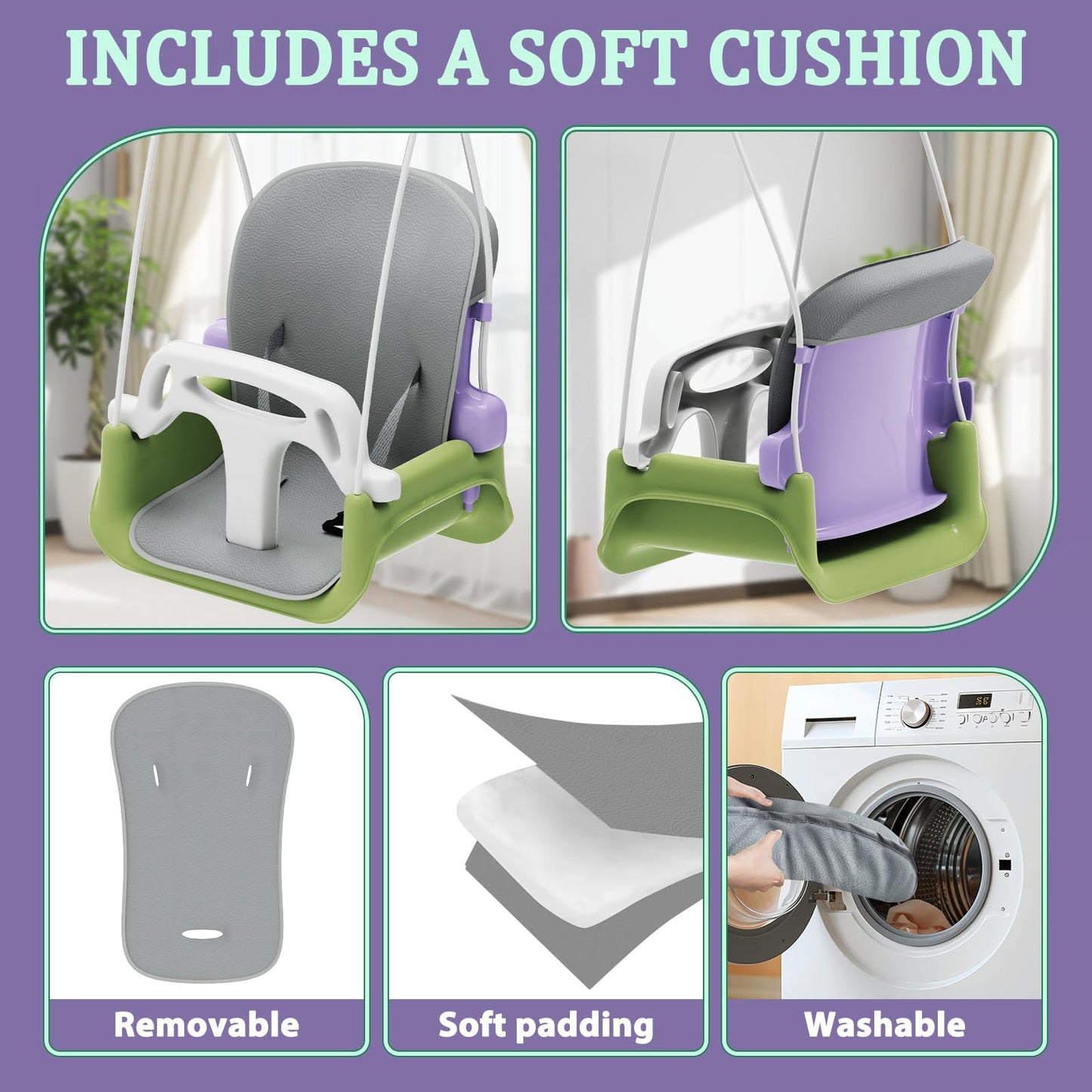 JWPEHO 2-in-1 Toddler Swing & Jumper – Foldable Indoor/Outdoor Bouncer with Cushioned Seat (Purple)