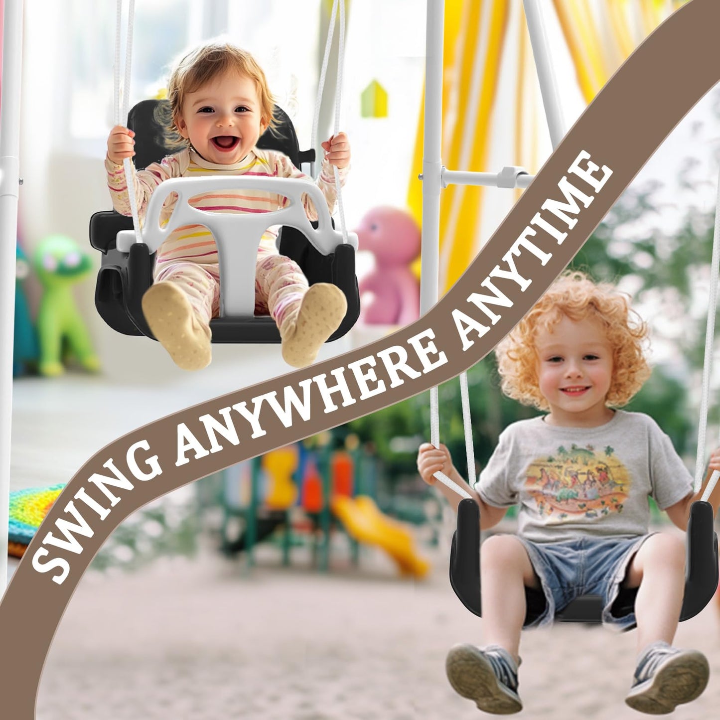JWPEHOE Toddler Swing with Soft Cushion – Foldable Indoor/Outdoor Swing (Black)