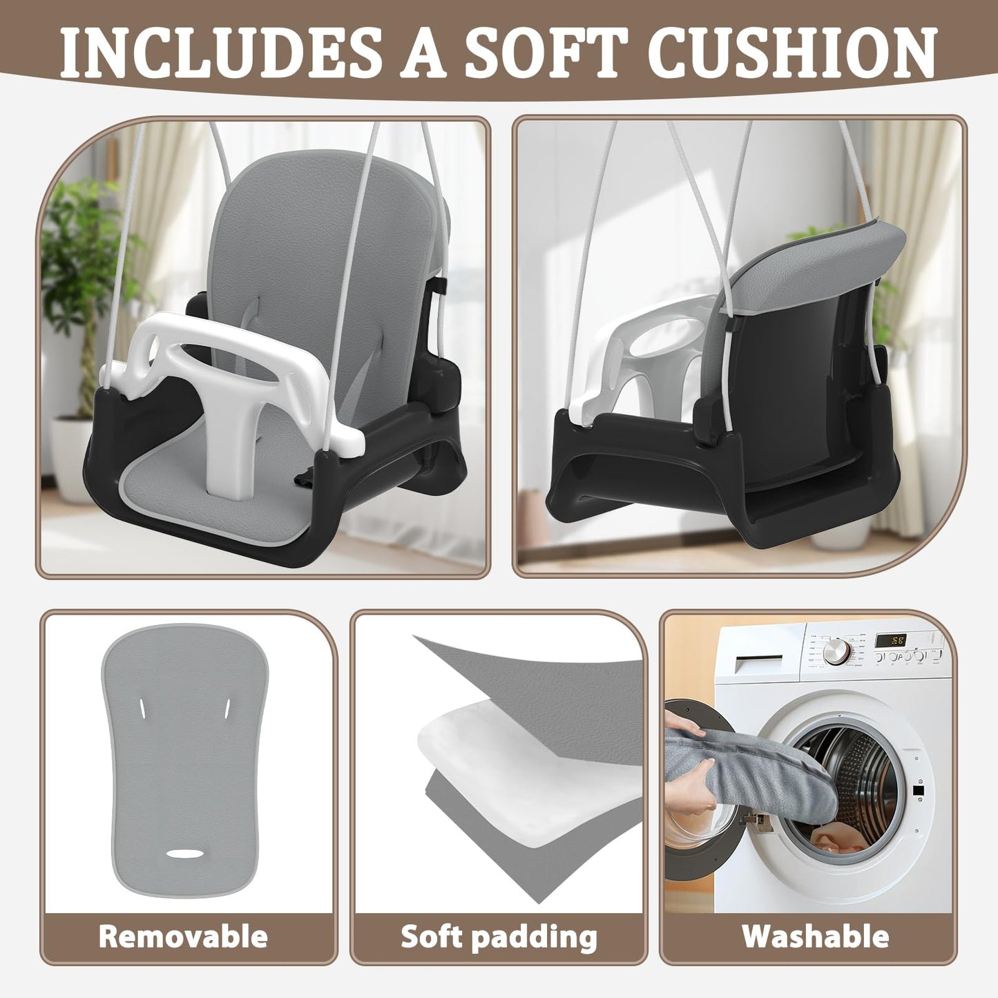 JWPEHOE Toddler Swing with Soft Cushion – Foldable Indoor/Outdoor Swing (Black)