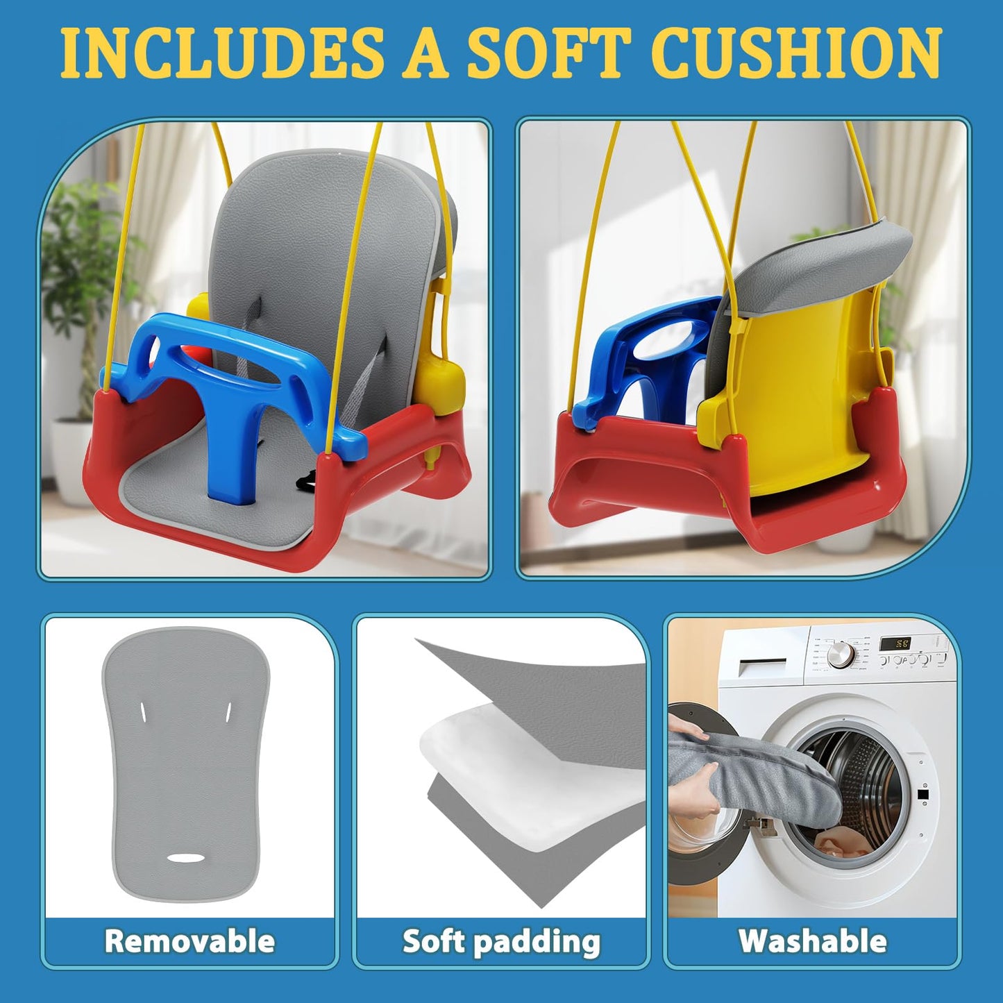 JWPEHOE Toddler Swing with Soft Cushion — Foldable Indoor/Outdoor Swing (Blue)