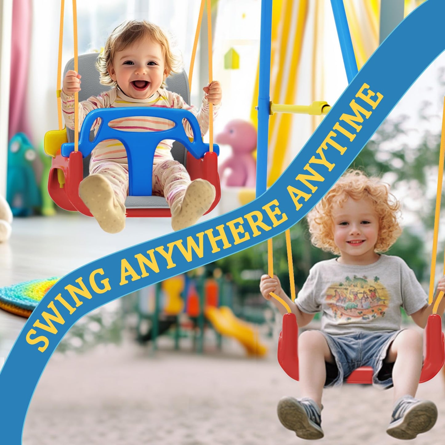 JWPEHOE Toddler Swing with Soft Cushion — Foldable Indoor/Outdoor Swing (Blue)