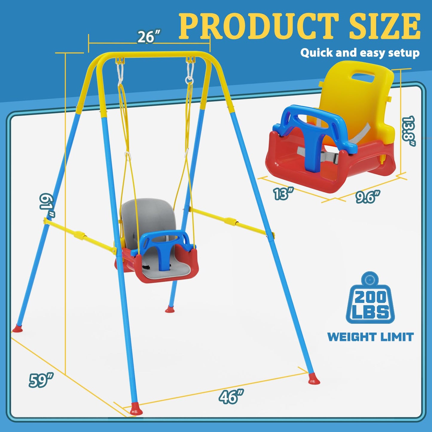 JWPEHOE Toddler Swing with Soft Cushion — Foldable Indoor/Outdoor Swing (Blue)