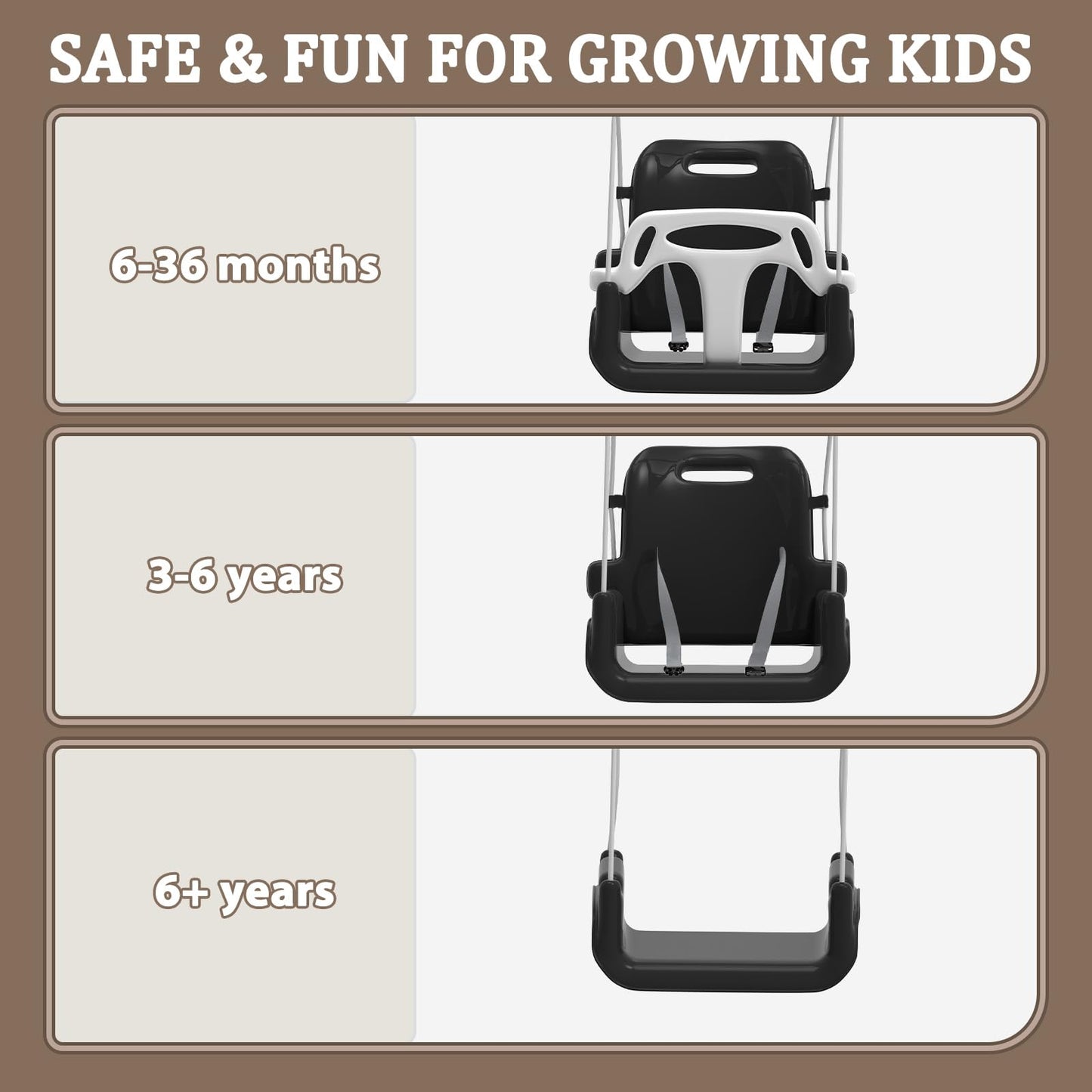 JWPEHOE Toddler Swing with Soft Cushion – Foldable Indoor/Outdoor Swing (Black)