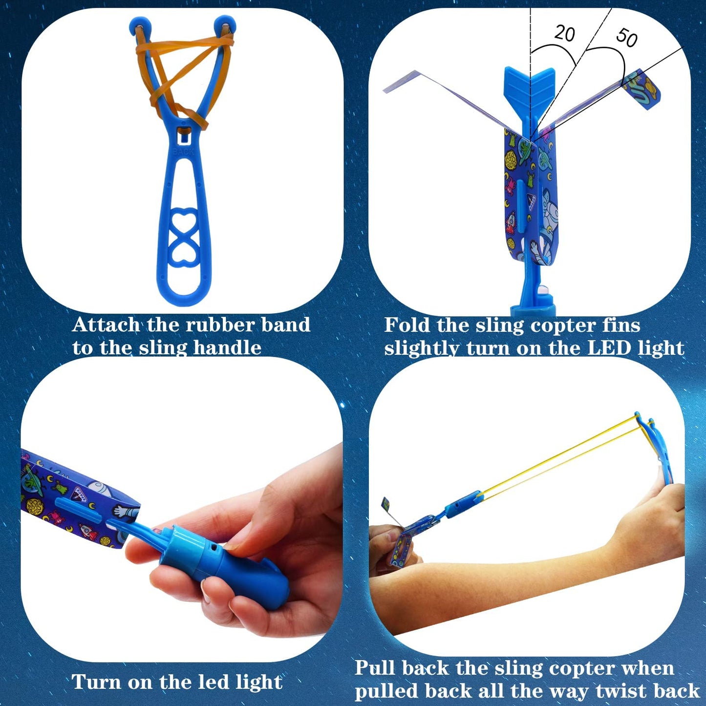 JX Rocket Slingshot LED Helicopters — 12 LED Flying Toys + 12 Launchers for Night Glow Outdoor Fun
