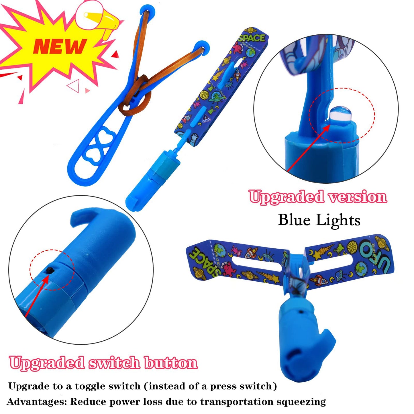 JX Rocket Slingshot LED Helicopters — 12 LED Flying Toys + 12 Launchers for Night Glow Outdoor Fun