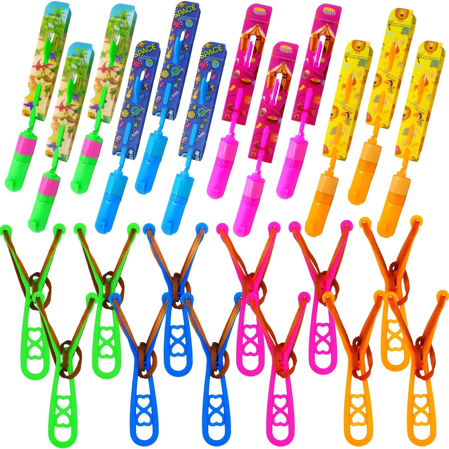 JX Rocket Slingshot LED Helicopters — 12 LED Flying Toys + 12 Launchers for Night Glow Outdoor Fun