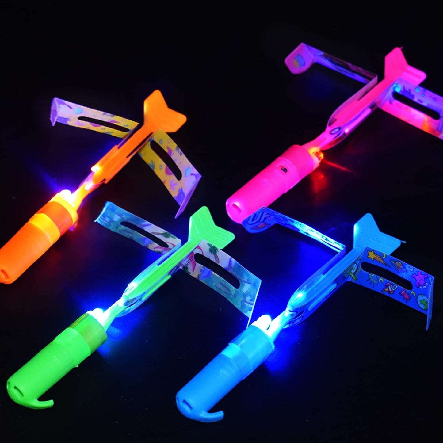 JX Rocket Slingshot LED Helicopters — 12 LED Flying Toys + 12 Launchers for Night Glow Outdoor Fun