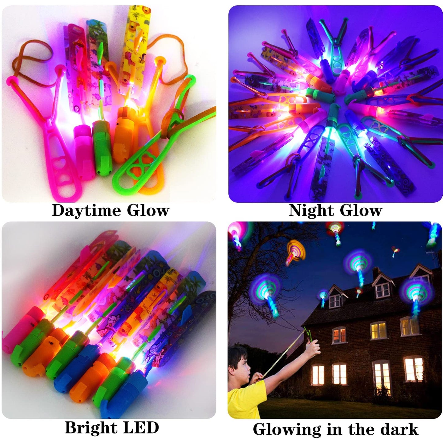 JX Rocket Slingshot LED Helicopters — 12 LED Flying Toys + 12 Launchers for Night Glow Outdoor Fun