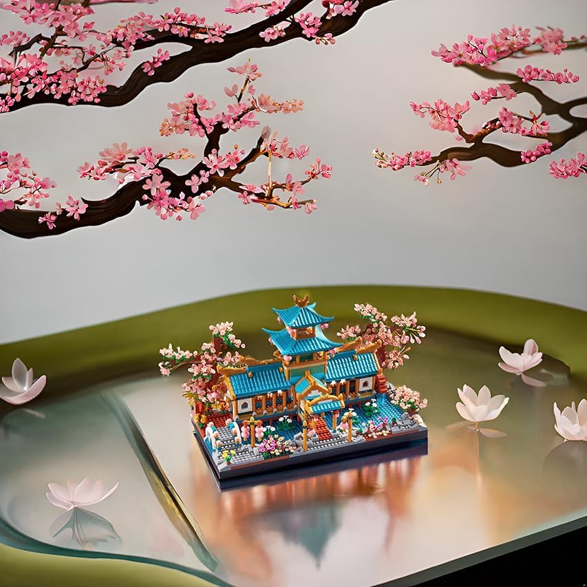 JXRLMB Chinese Classical Suzhou Gardens Micro Building Blocks Set – 2350 Pieces, Sakura Cherry Tree, Gift for Adults