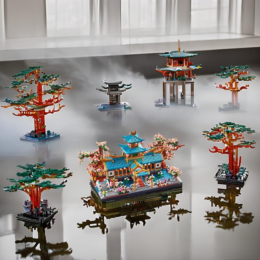 JXRLMB Chinese Classical Suzhou Gardens Micro Building Blocks Set – 2350 Pieces, Sakura Cherry Tree, Gift for Adults