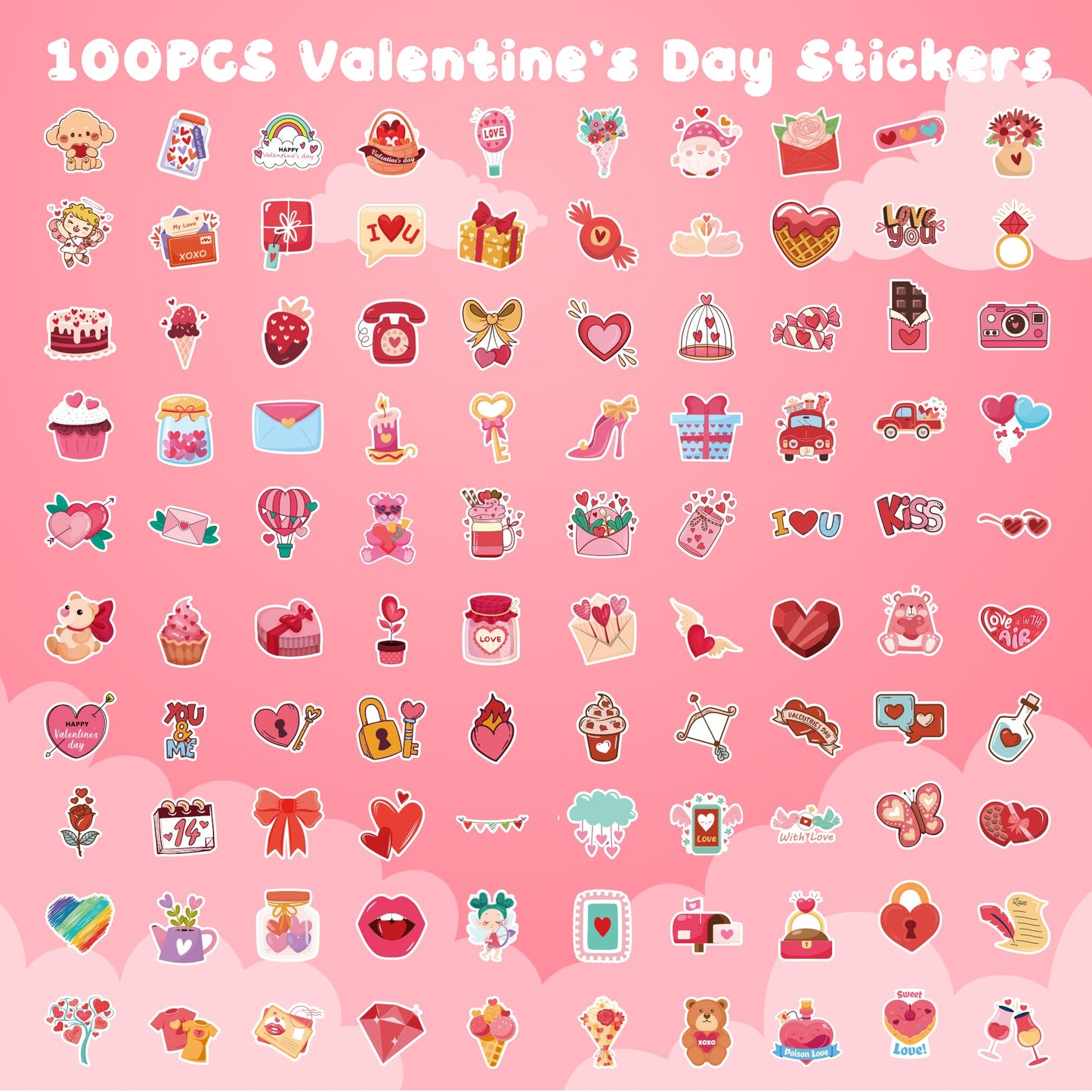 JXSDWANG Valentines Stickers - 100 Pcs Heart & Rose Kids Sticker Set