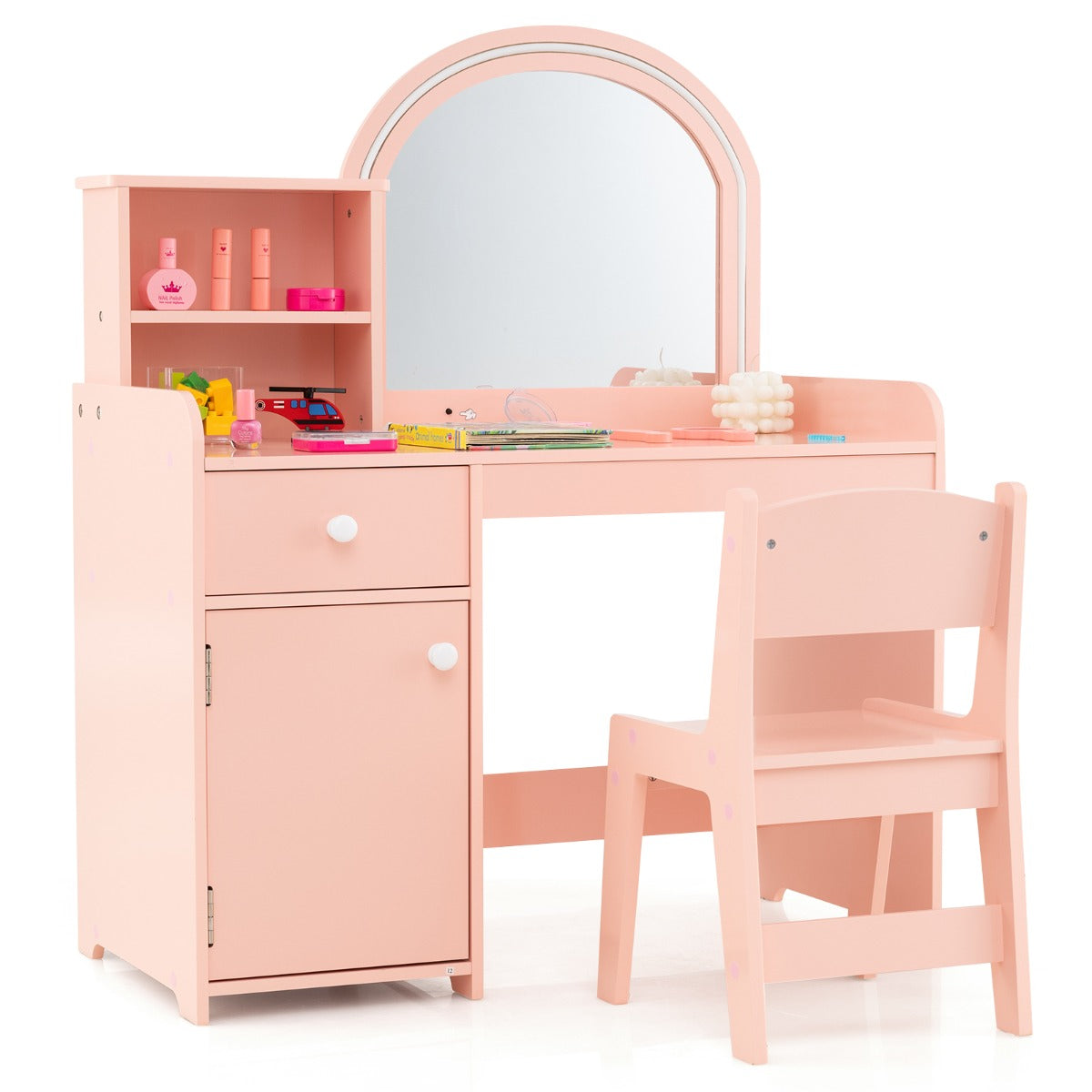 Kids Vanity Table and Chair Set with Shelves Drawer and Cabinet-Light Pink