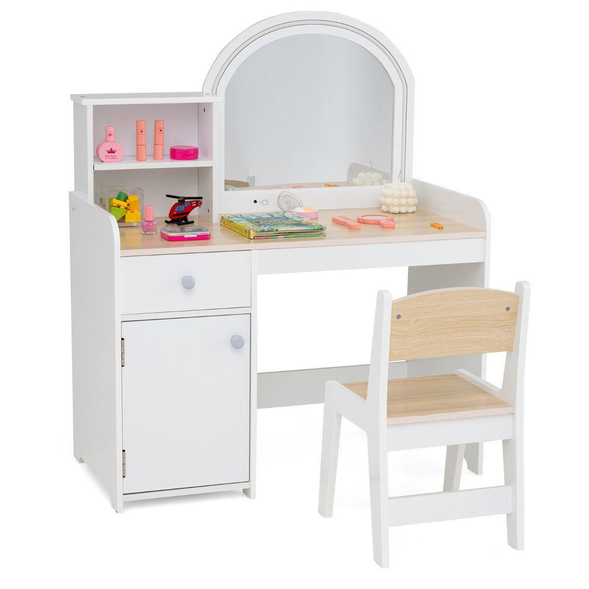 Kids Vanity Table and Chair Set with Shelves Drawer and Cabinet-Light Pink