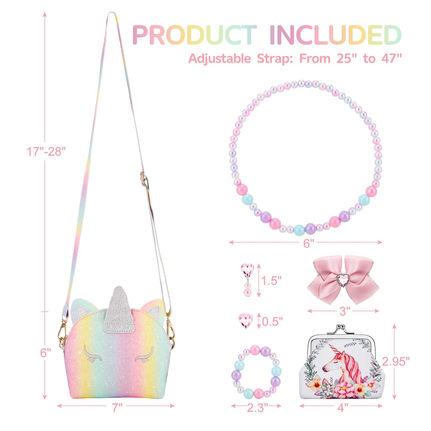 JYPS 7PCS Toddler Purse for Girls — Rainbow Unicorn Dress-Up Jewelry Set