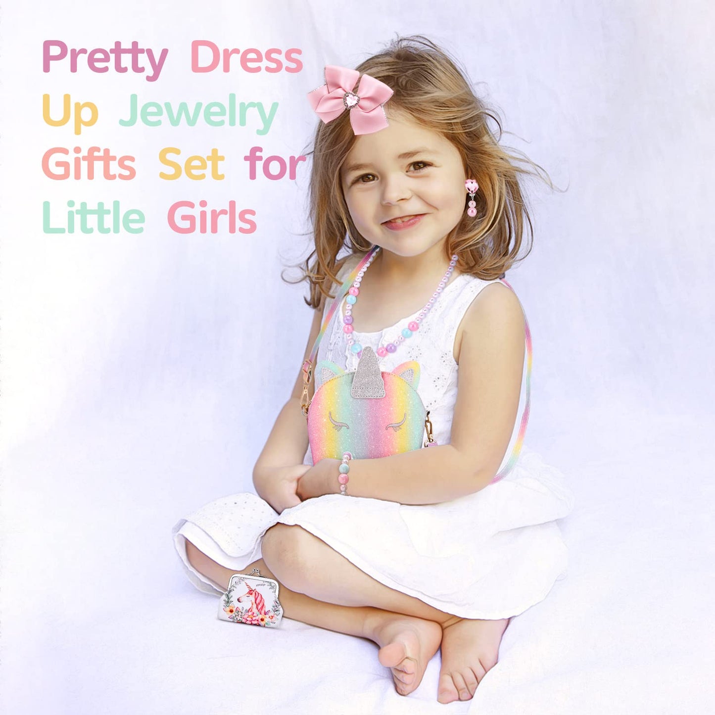 JYPS 7PCS Toddler Purse for Girls — Rainbow Unicorn Dress-Up Jewelry Set