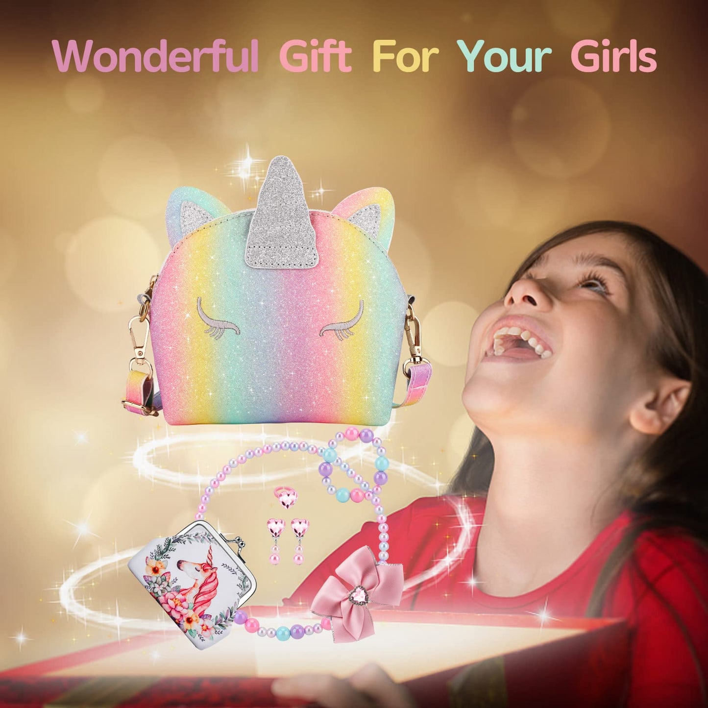 JYPS 7PCS Toddler Purse for Girls — Rainbow Unicorn Dress-Up Jewelry Set