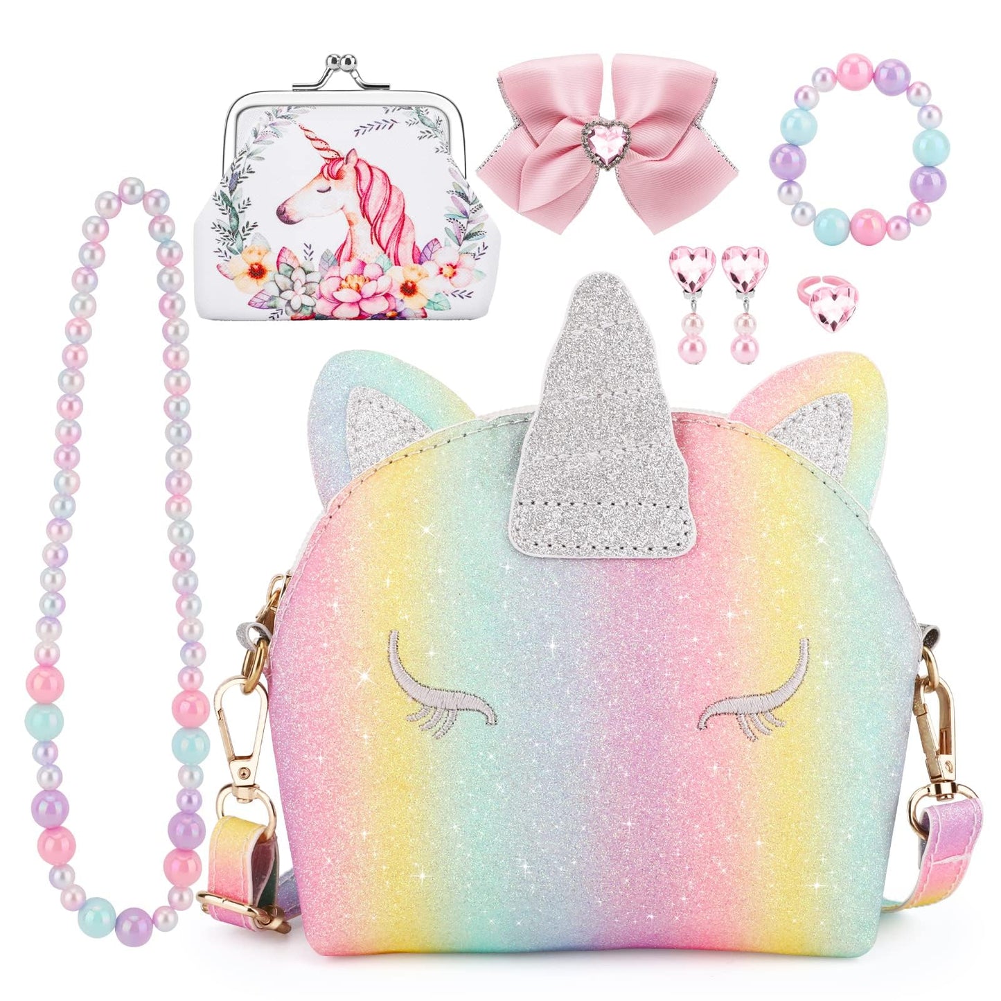 JYPS 7PCS Toddler Purse for Girls — Rainbow Unicorn Dress-Up Jewelry Set