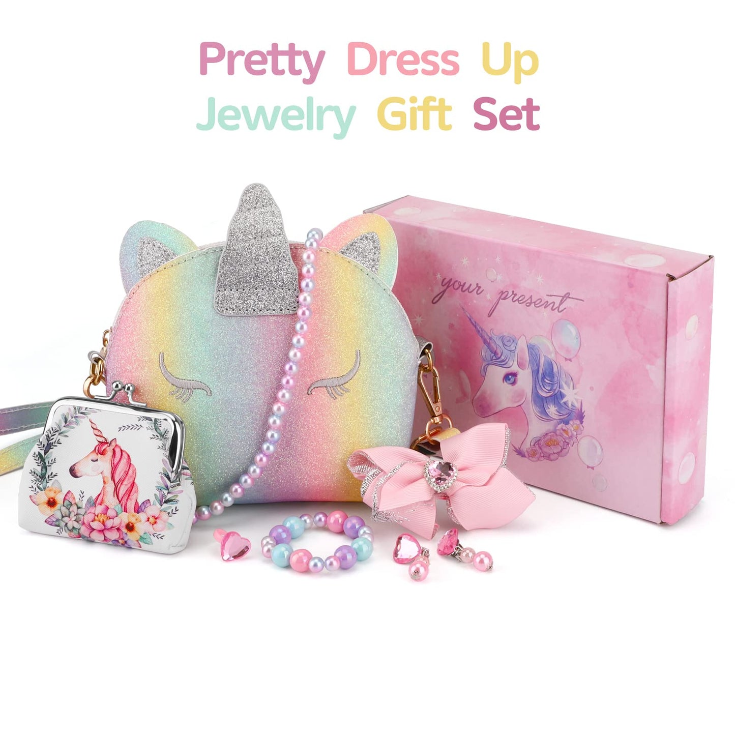 JYPS 7PCS Toddler Purse for Girls — Rainbow Unicorn Dress-Up Jewelry Set