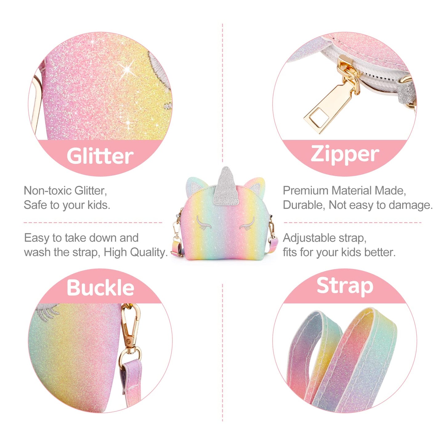 JYPS 7PCS Toddler Purse for Girls — Rainbow Unicorn Dress-Up Jewelry Set