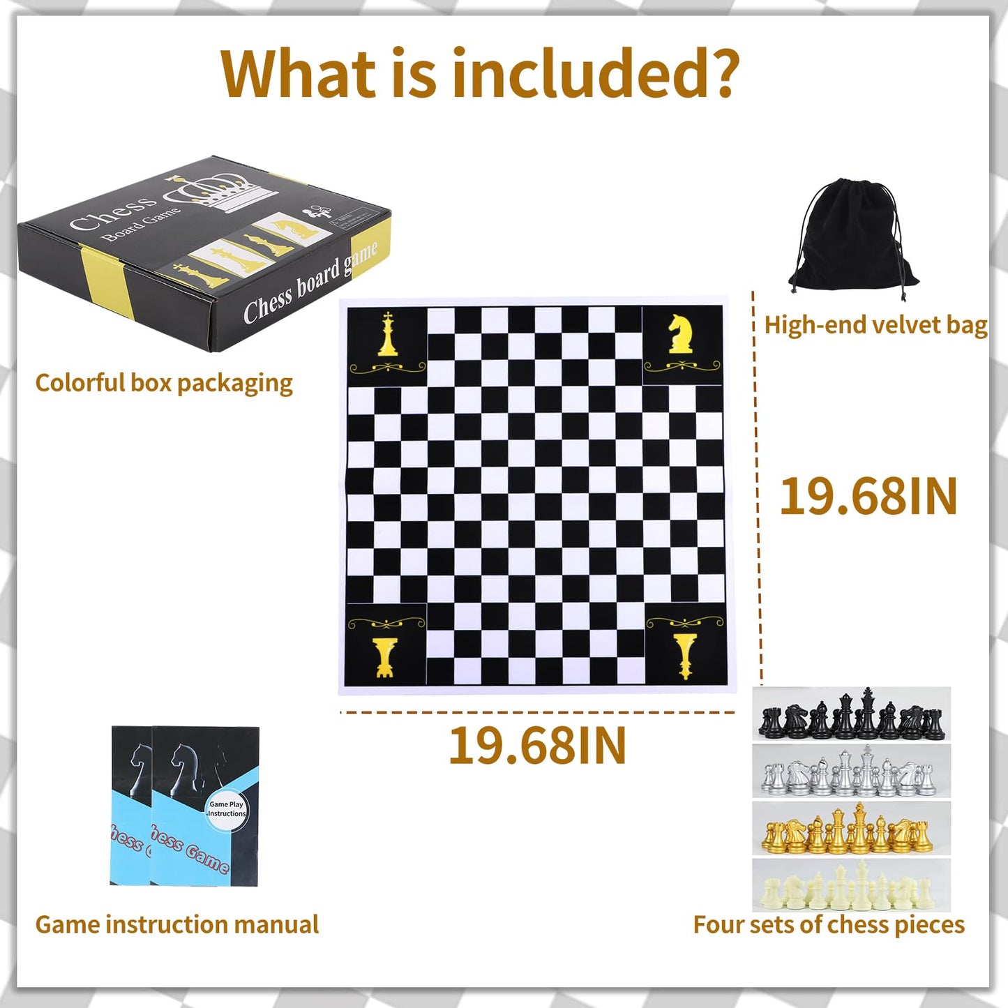 Jyquorp Four-Player Chess Board Set – Double-Sided, 64 Pieces, Portable Mat