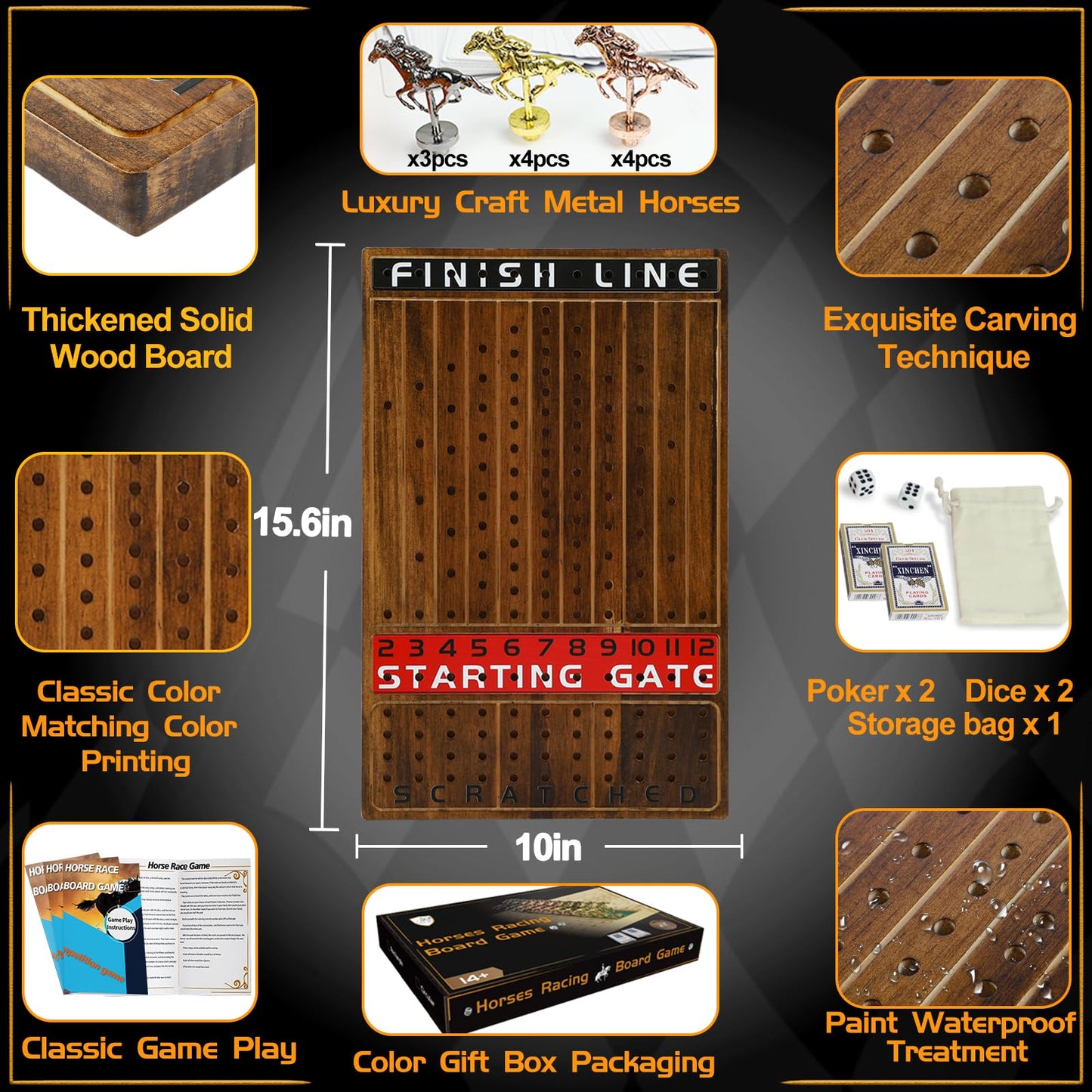 Jyquorp Horse Race Board Game – Solid Wood, 11 Metal Horses, 2 Dice, 2 Card Boxes (Rustic Brown, Rectangle)