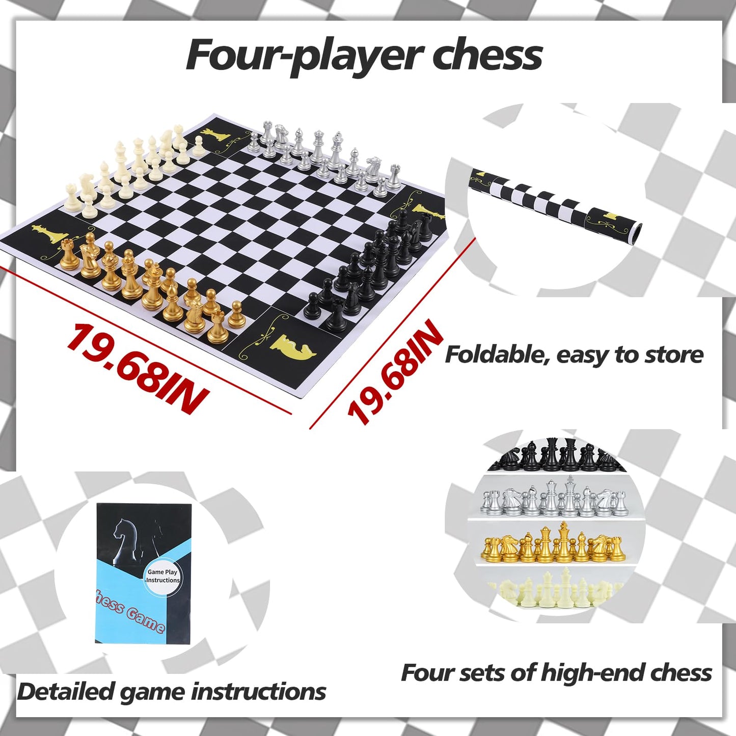 Jyquorp Four-Player Chess Board Set – Double-Sided, 64 Pieces, Portable Mat