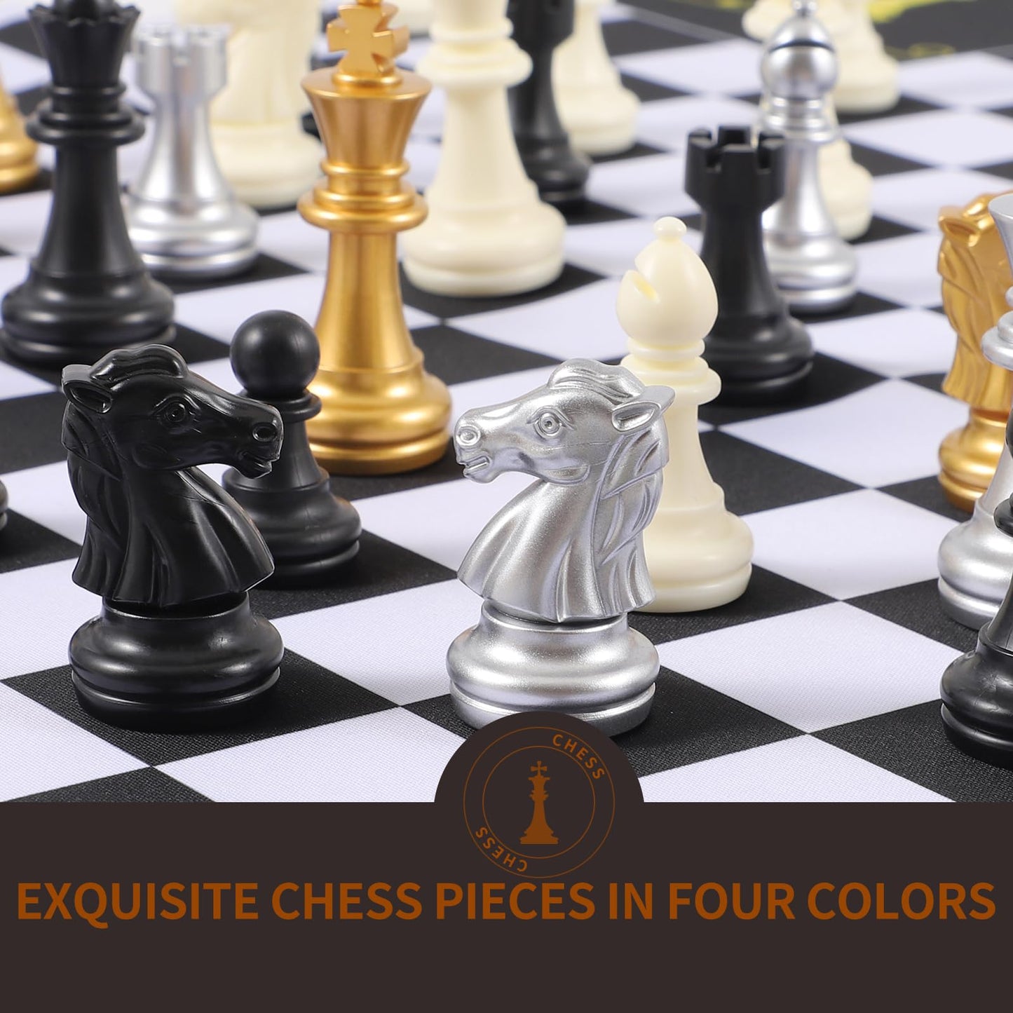 Jyquorp Four-Player Chess Board Set – Double-Sided, 64 Pieces, Portable Mat