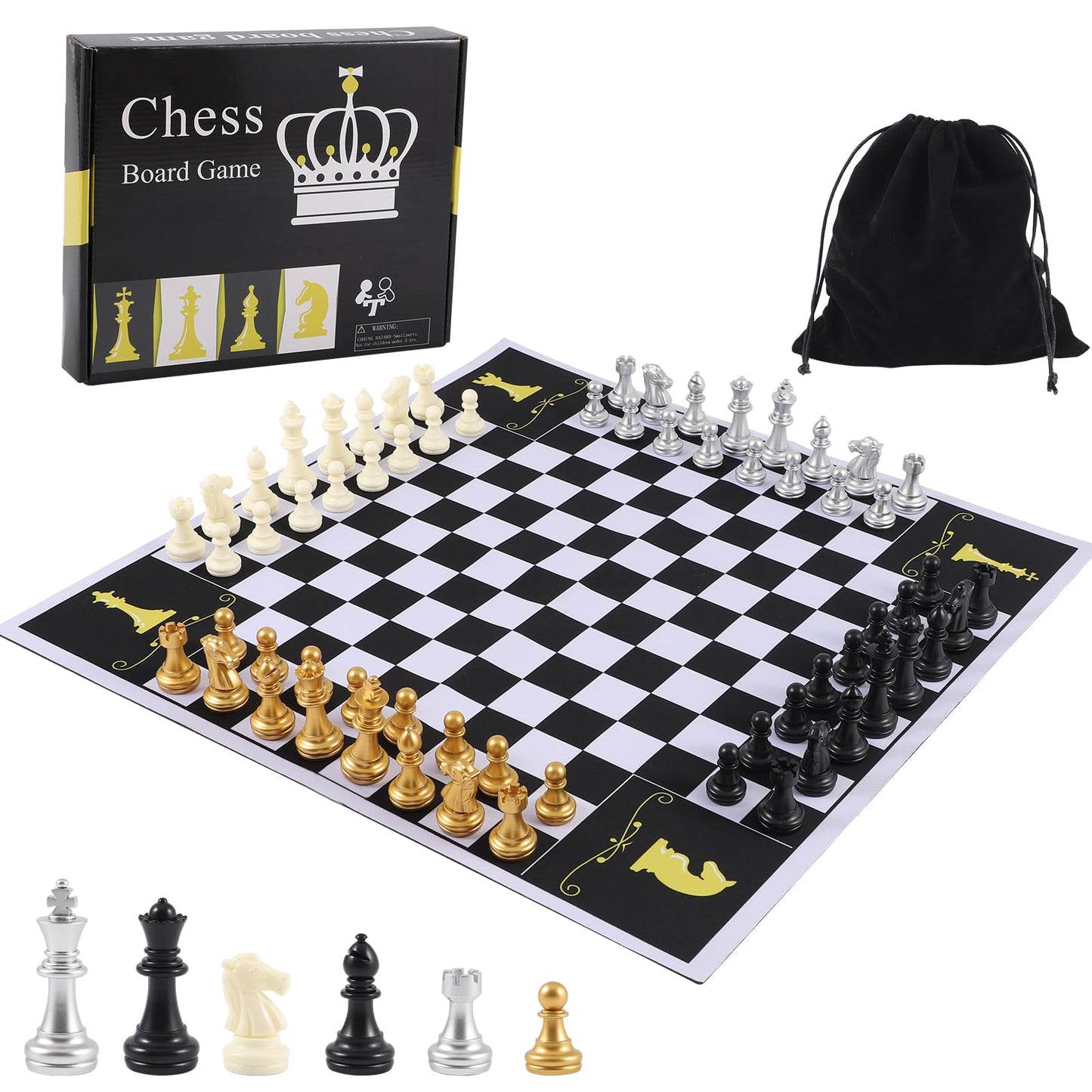 Jyquorp Four-Player Chess Board Set – Double-Sided, 64 Pieces, Portable Mat