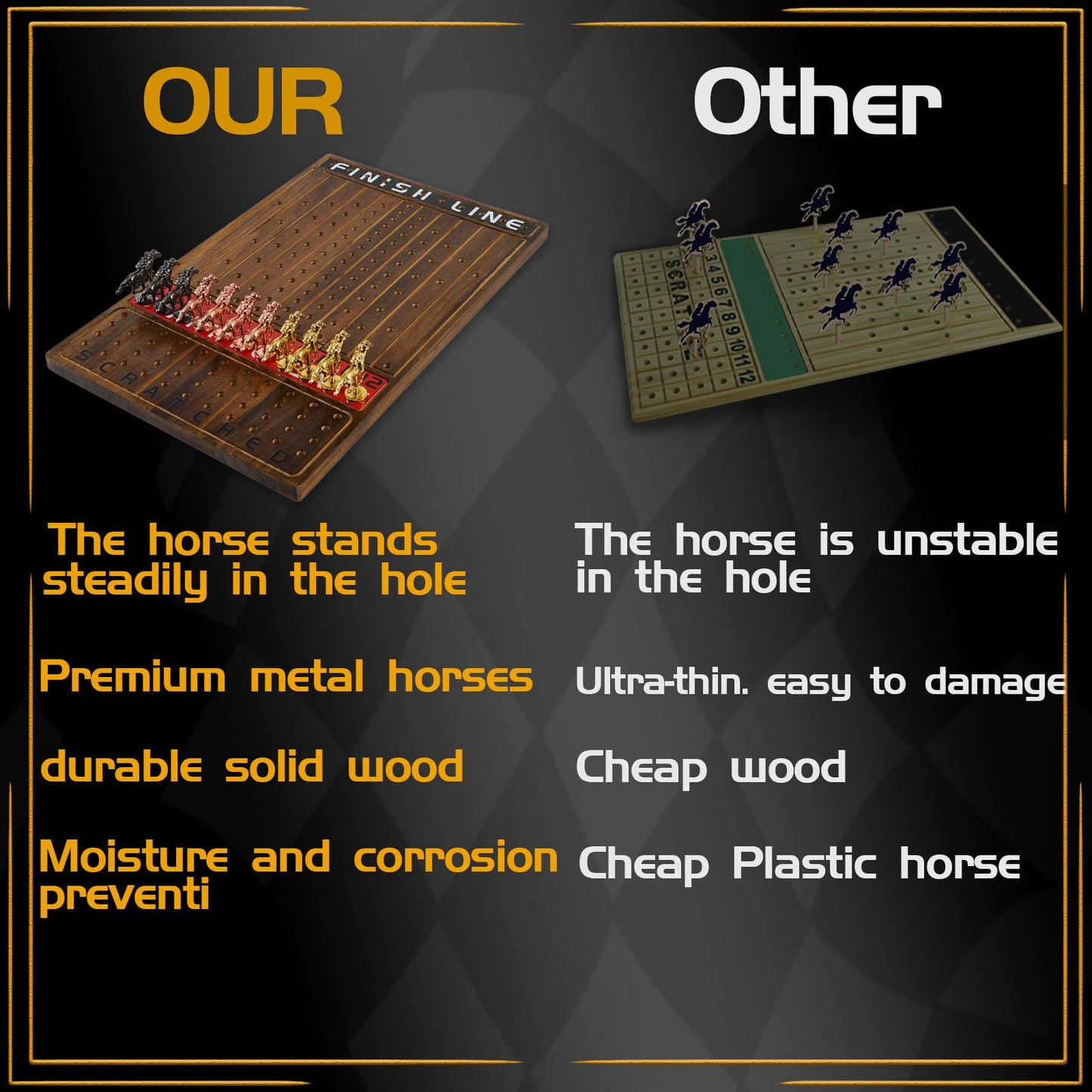 Jyquorp Horse Race Board Game – Solid Wood, 11 Metal Horses, 2 Dice, 2 Card Boxes (Rustic Brown, Rectangle)