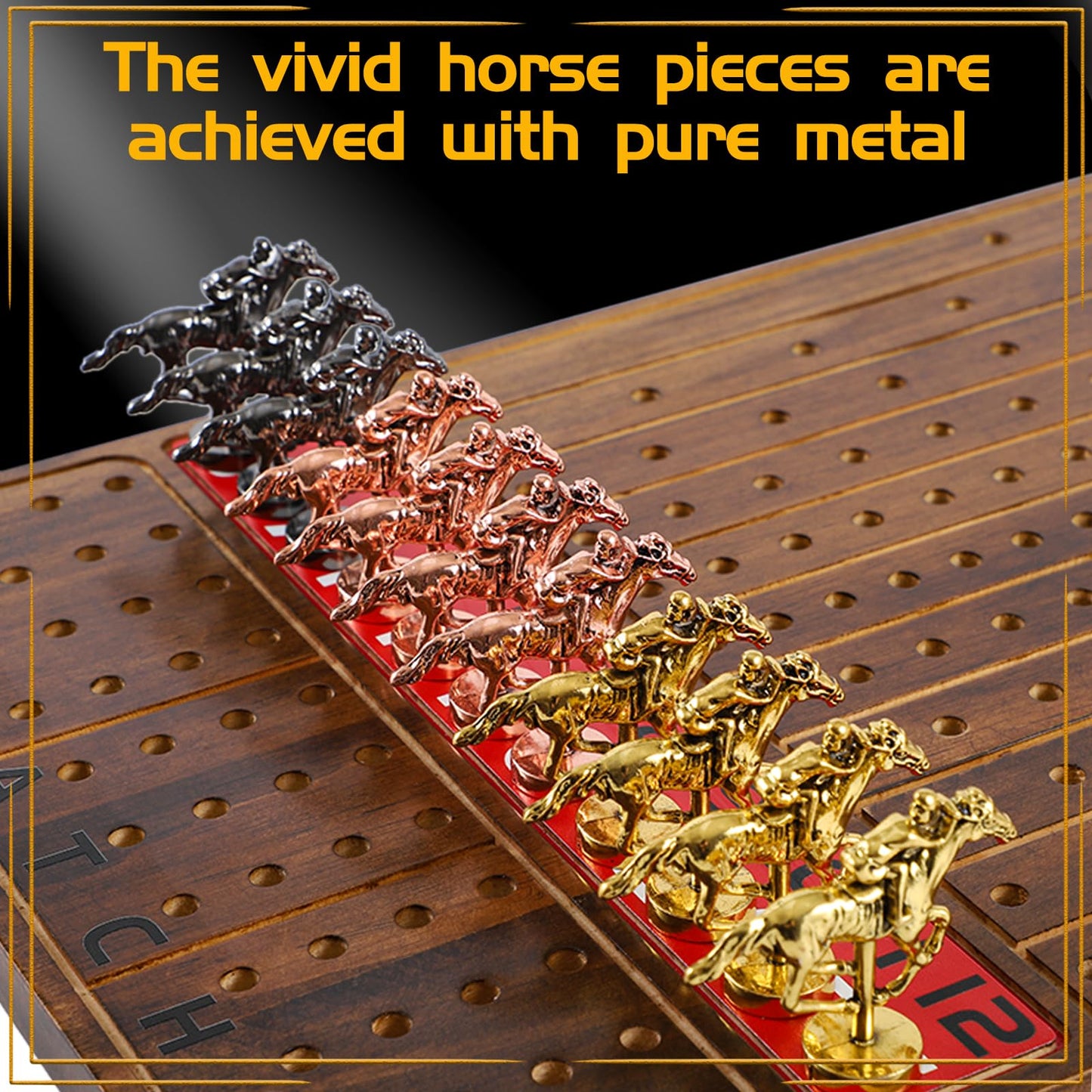Jyquorp Horse Race Board Game – Solid Wood, 11 Metal Horses, 2 Dice, 2 Card Boxes (Rustic Brown, Rectangle)