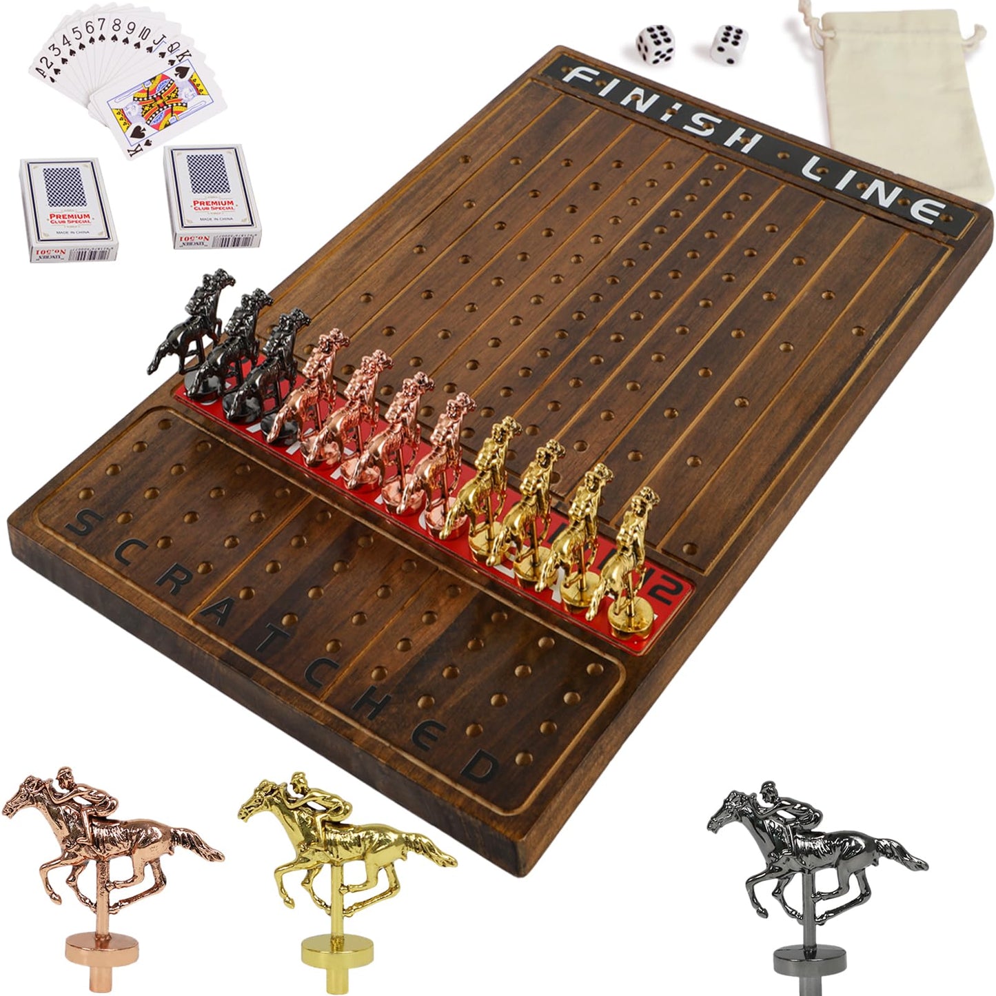 Jyquorp Horse Race Board Game – Solid Wood, 11 Metal Horses, 2 Dice, 2 Card Boxes (Rustic Brown, Rectangle)