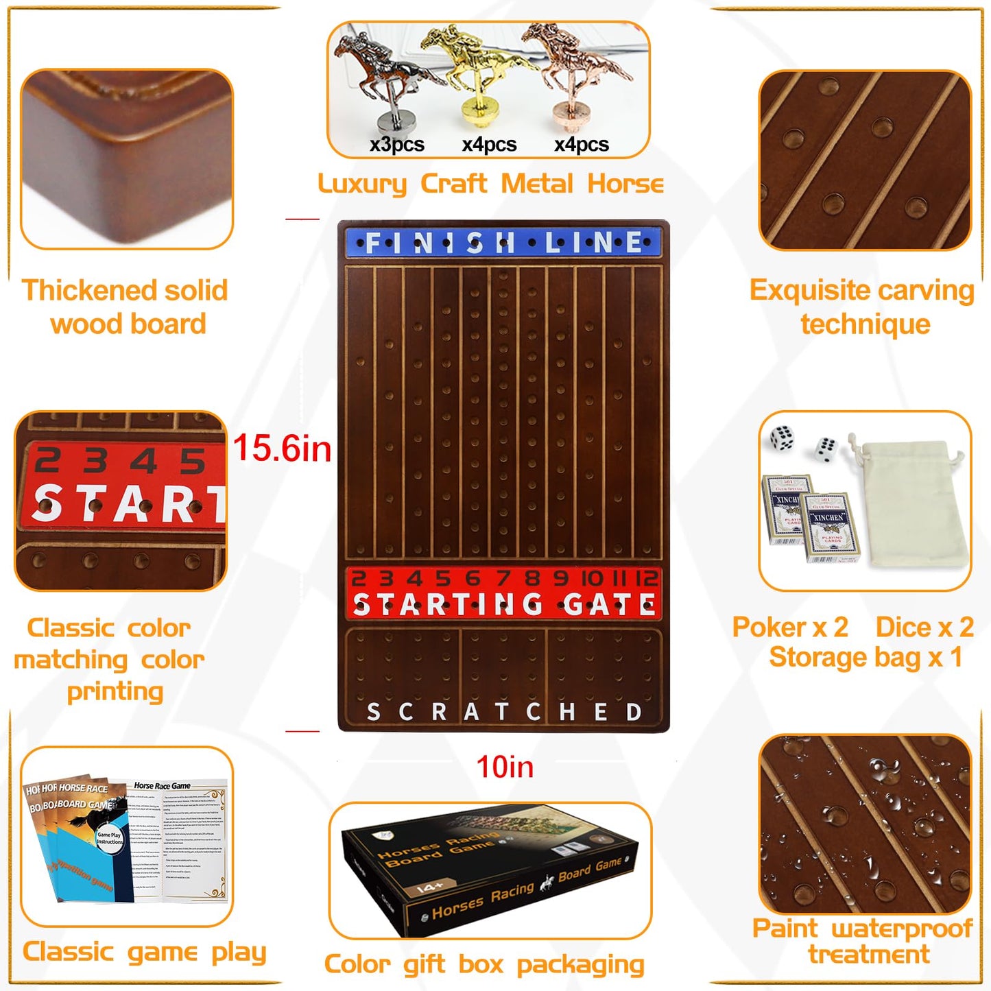 Jyquorp Metal Horse Race Board Game – Premium Walnut Wood with 11 Metal Horses