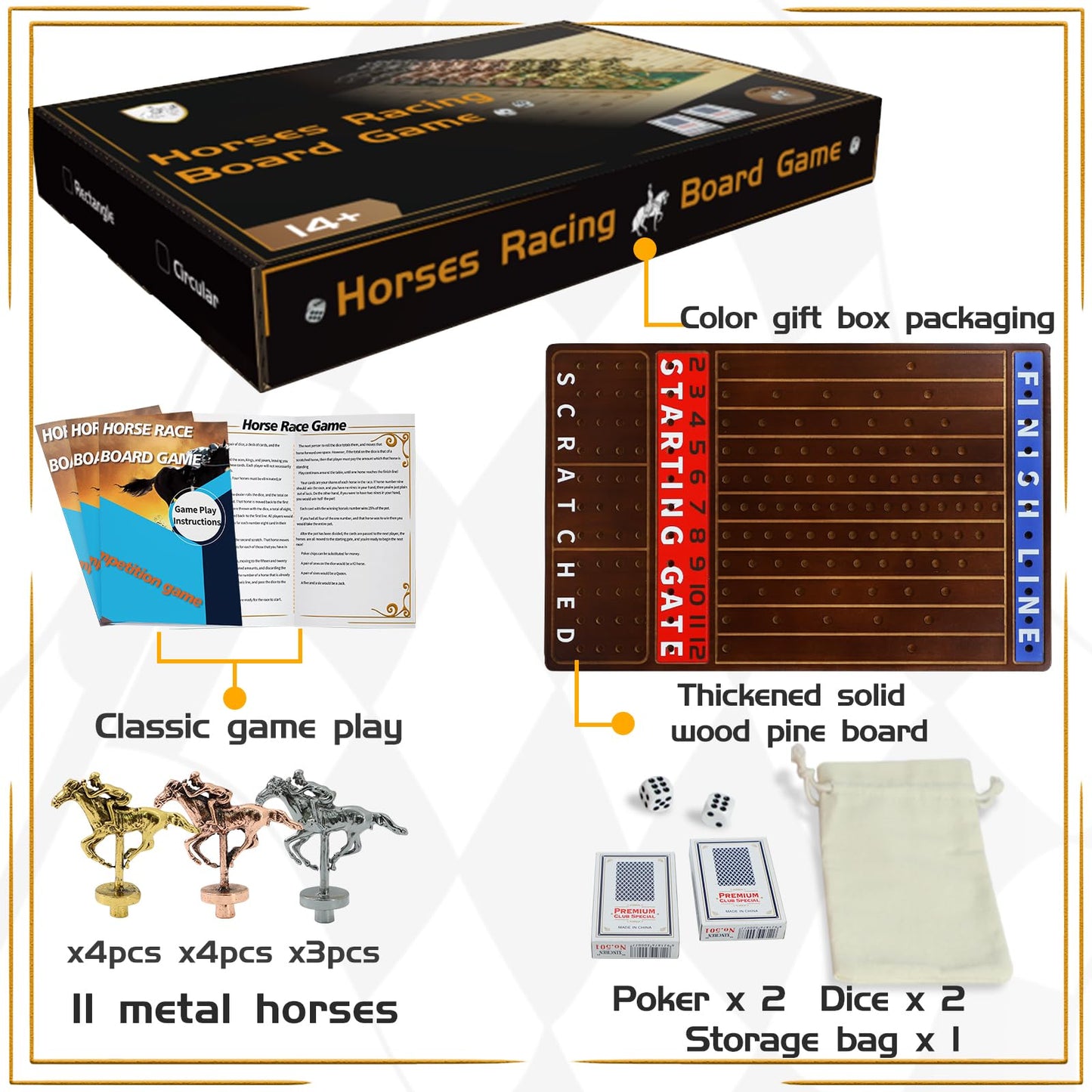 Jyquorp Metal Horse Race Board Game – Premium Walnut Wood with 11 Metal Horses