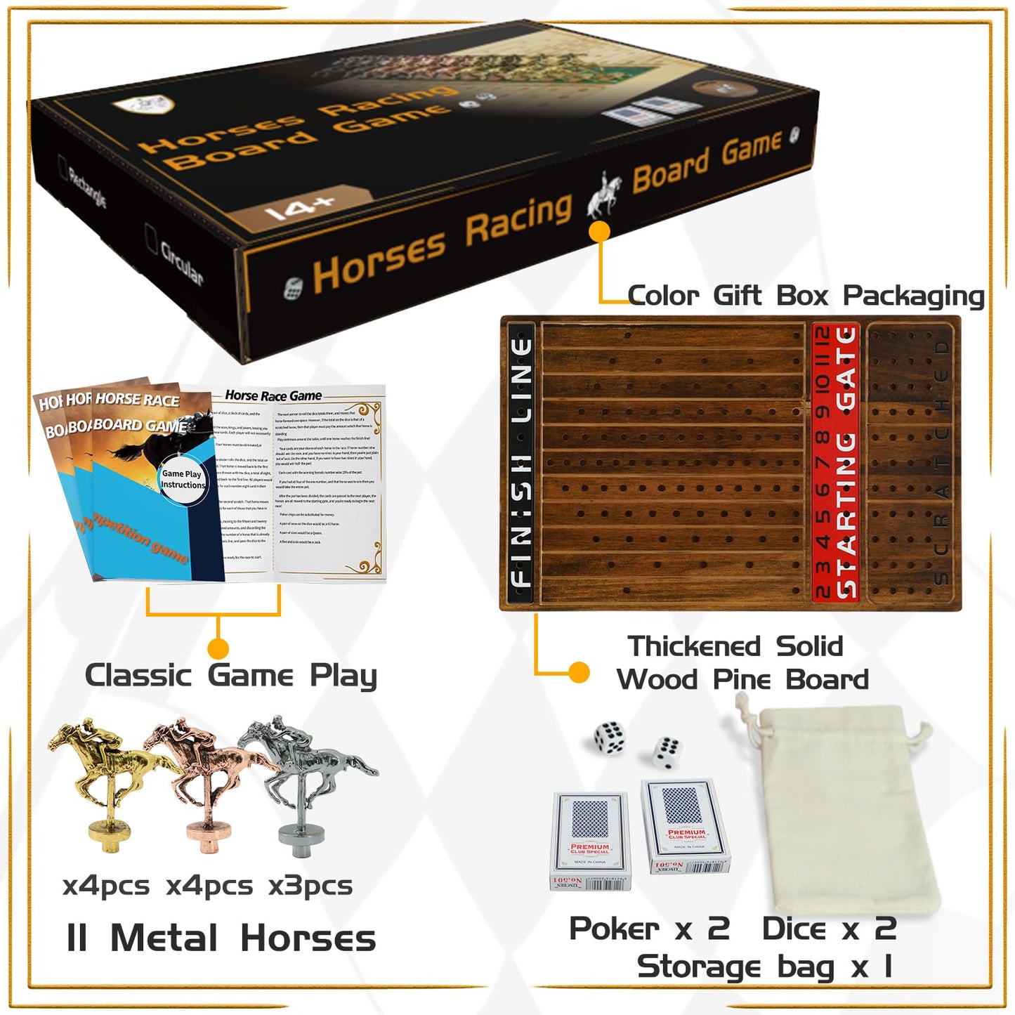 Jyquorp Horse Race Board Game – Solid Wood, 11 Metal Horses, 2 Dice, 2 Card Boxes (Rustic Brown, Rectangle)