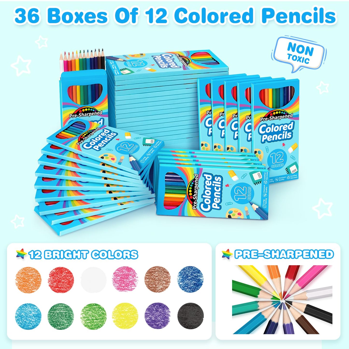 Jyusmile 432-Count Colored Pencils Bulk – 36 Packs of 12, Pre-Sharpened Kids & Classroom Supplies