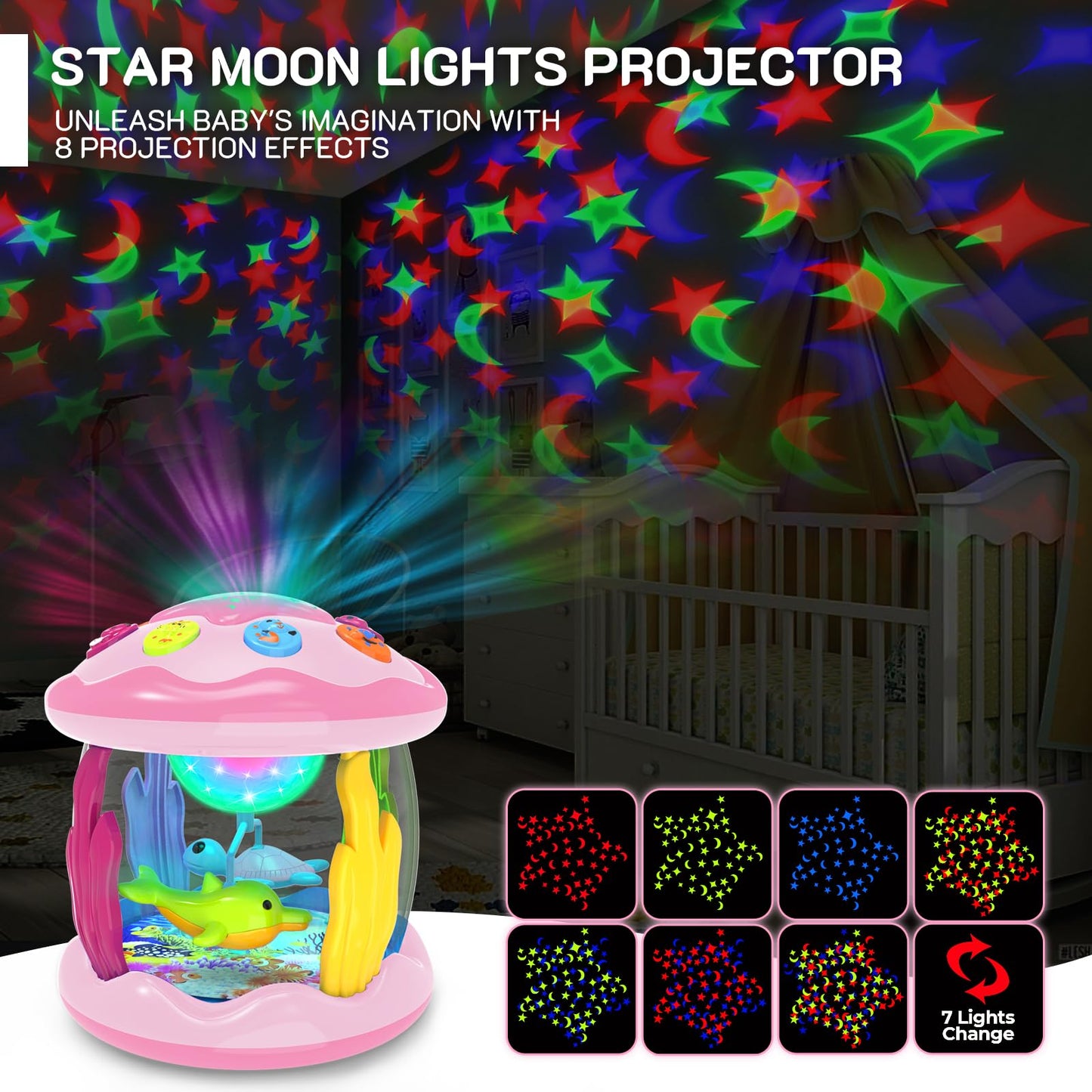 Jyusmile Baby Toys 6-12 Months – Musical Light-Up Rotating Ocean Projector (Pink)