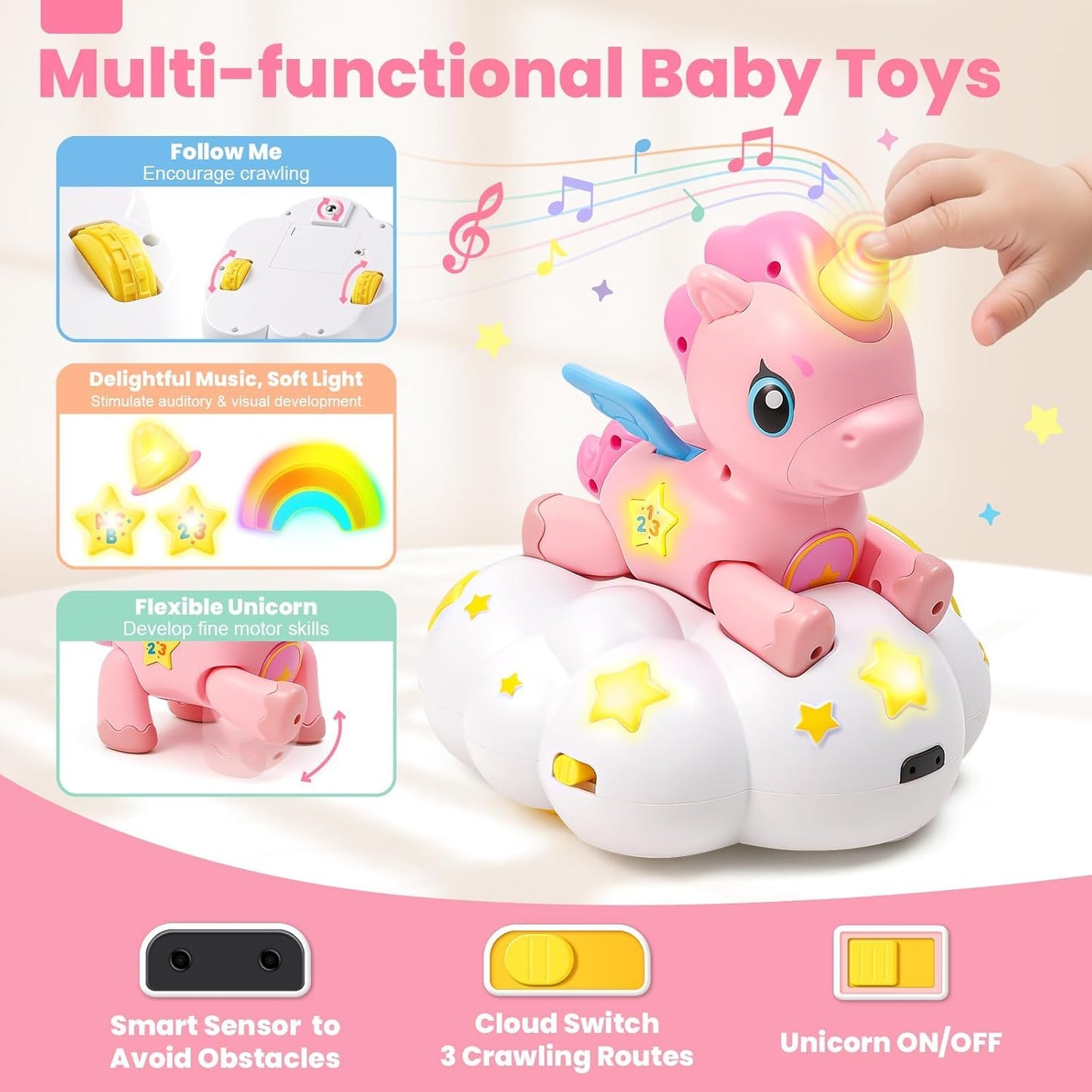 Jyusmile Musical Crawling Baby Toy 6-12 Months+ | Sensory Learning & 2-in-1 Unicorn Toy