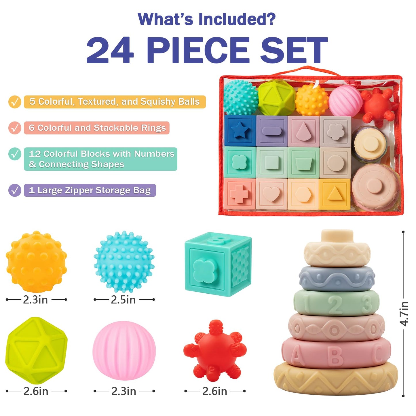 Jyusmile Baby Toys 6-12 Months – Montessori Blocks, Soft Teethers & Sensory Balls