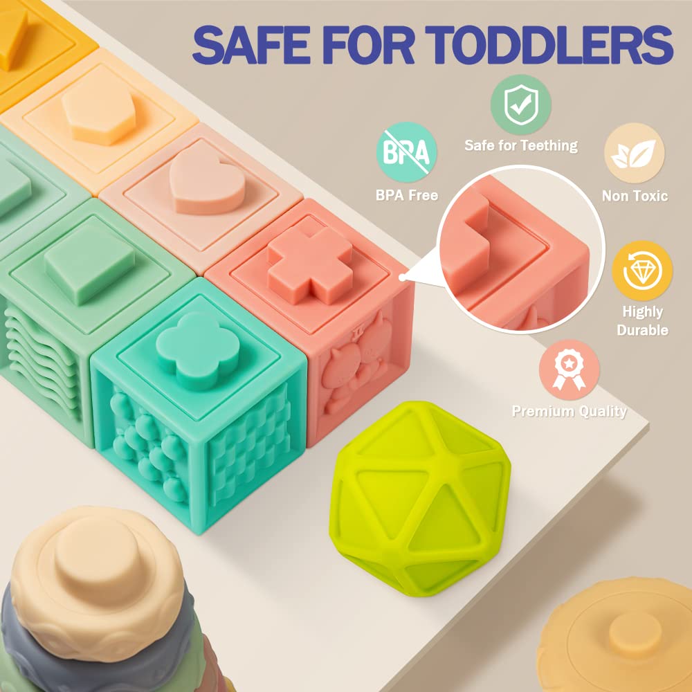 Jyusmile Baby Toys 6-12 Months – Montessori Blocks, Soft Teethers & Sensory Balls